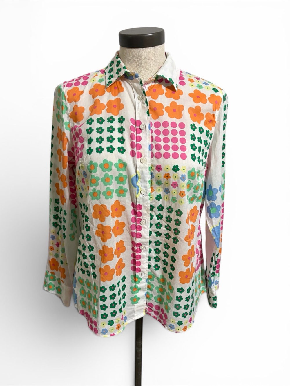 Talbots White Button-Down Shirt Floral Polka Dot Boho Retro Size MP Lightweight